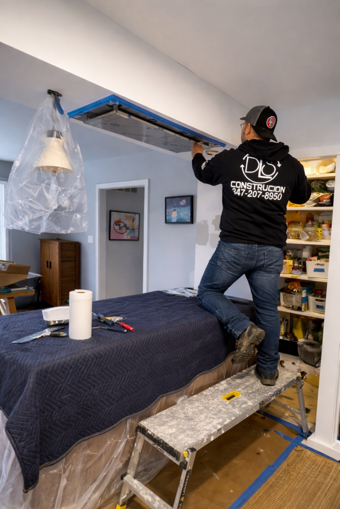 Contractor installing ceiling panel during home renovation project