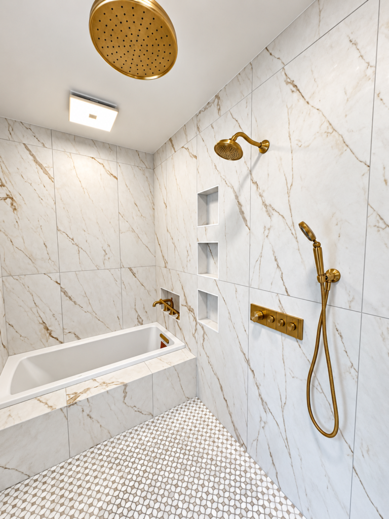 Luxury Bathroom Remodeling in Purchase NY | Custom Bathroom RenovationThis is stronger for Google than making the title purely artistic because it directly targets:Bathroom remodeling
Bathroom renovation
Purchase, NY
Custom/luxury bathroom
SEO Meta DescriptionExplore this custom bathroom renovation in Purchase, NY featuring a luxury wet room, walk-in shower, heated floors, smart toilet, custom vanity, marble-look tile and elegant gold finishes.