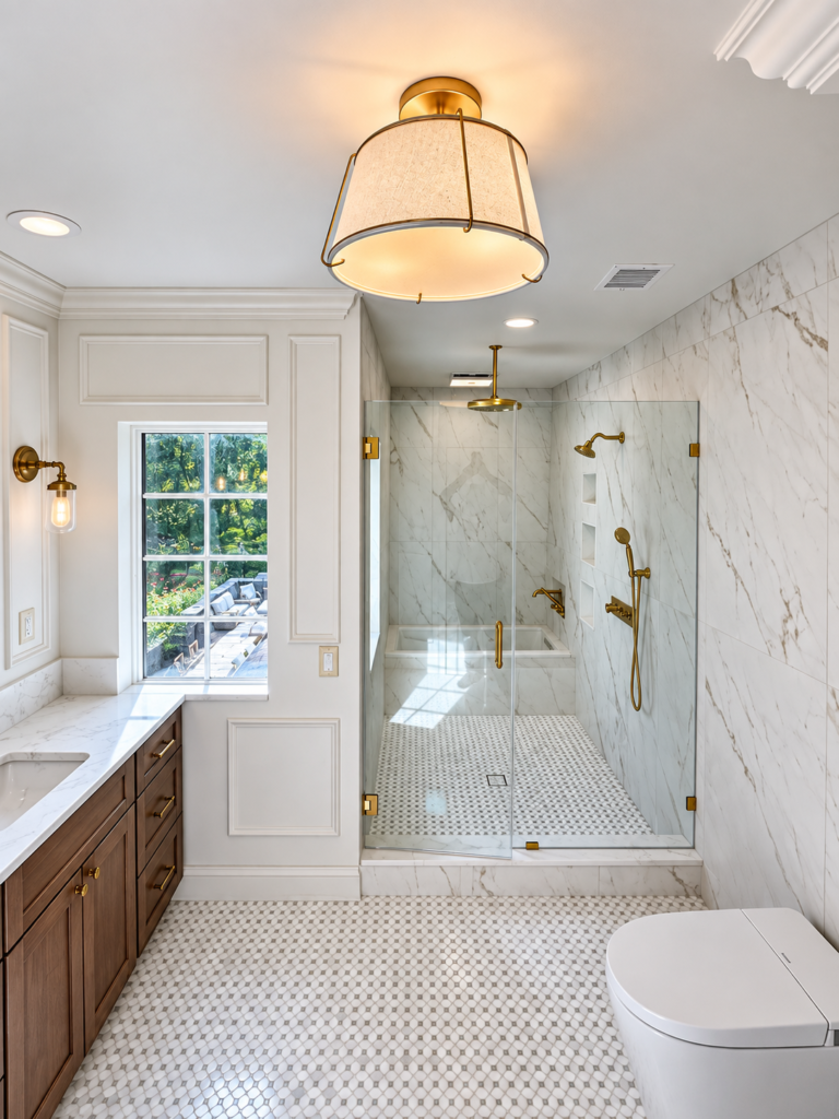 Luxury Bathroom Remodeling in Purchase NY | Custom Bathroom RenovationThis is stronger for Google than making the title purely artistic because it directly targets:Bathroom remodeling
Bathroom renovation
Purchase, NY
Custom/luxury bathroom
SEO Meta DescriptionExplore this custom bathroom renovation in Purchase, NY featuring a luxury wet room, walk-in shower, heated floors, smart toilet, custom vanity, marble-look tile and elegant gold finishes.